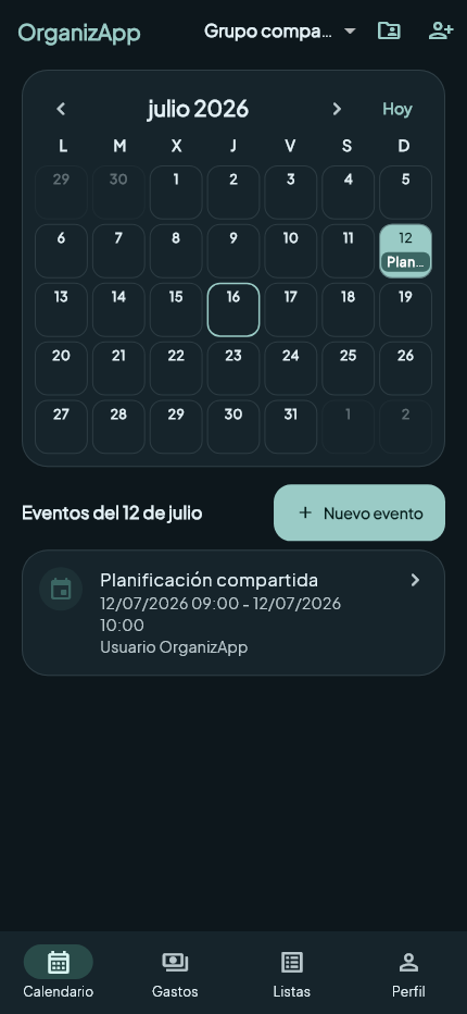 Calendario de un grupo en OrganizApp