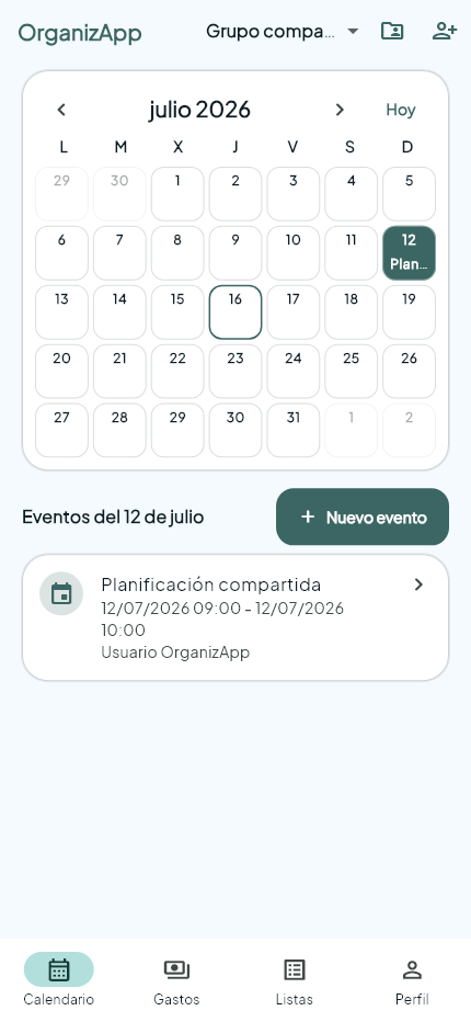Calendario compartido de OrganizApp con eventos de un grupo