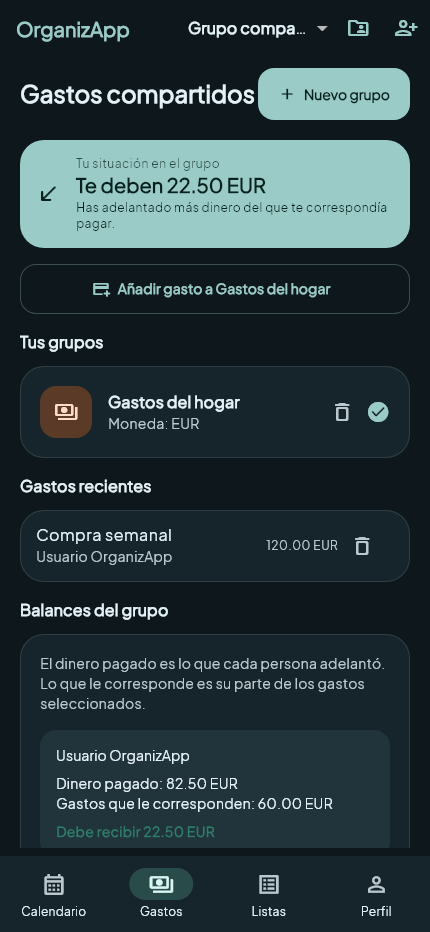 Pantalla de gastos compartidos de OrganizApp