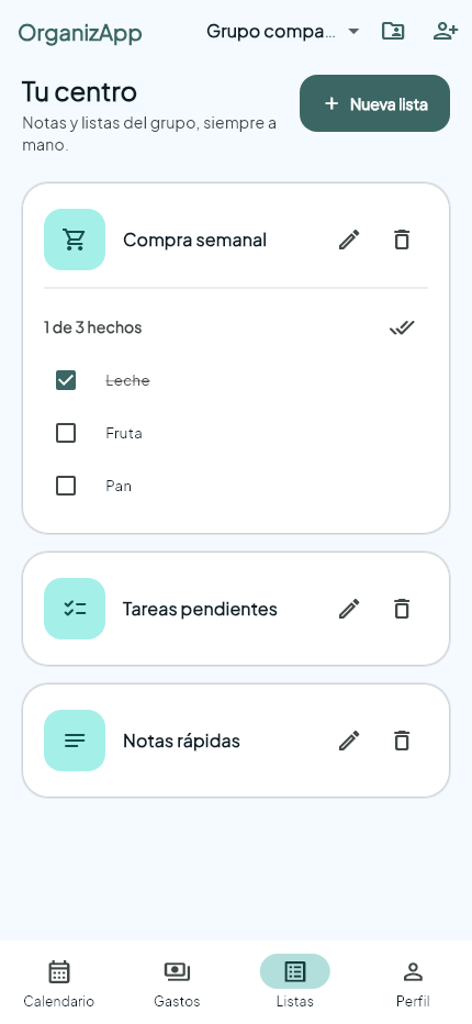 Lista compartida de OrganizApp con elementos completados
